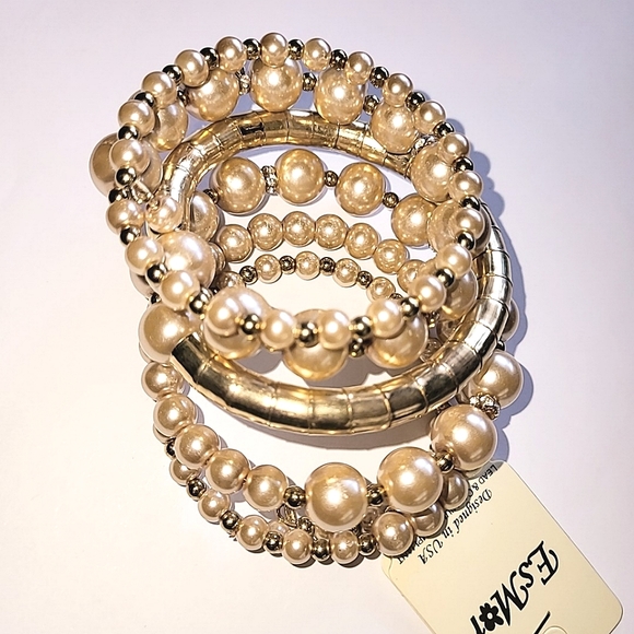 HUGE FAUX PEARL & GOLD BEAD 6 COIL WIRE WRAP BRACELET - Picture 2 of 5